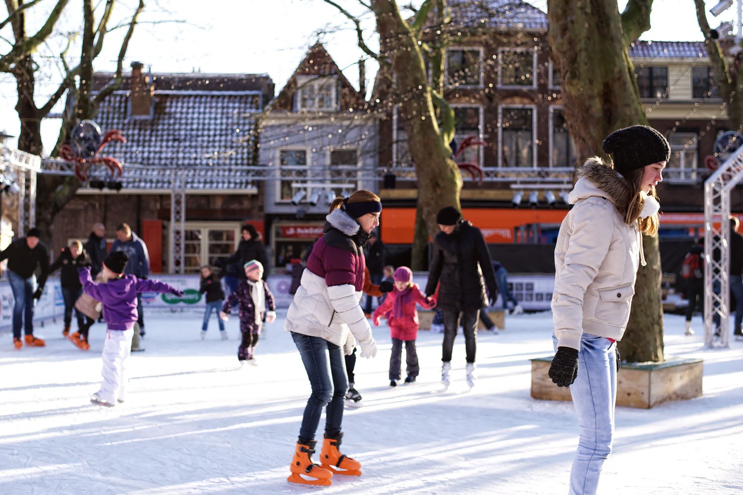 Ice skating at the Beestenmarkt in Delft, the Netherlands