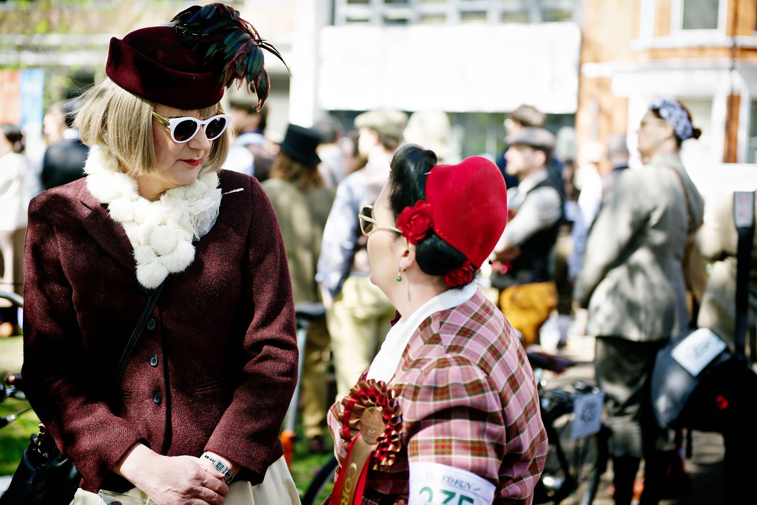The Tweed Run London 2015: London's most stylish bike ride - Ladies chatting at the tea break at Red Lion Square