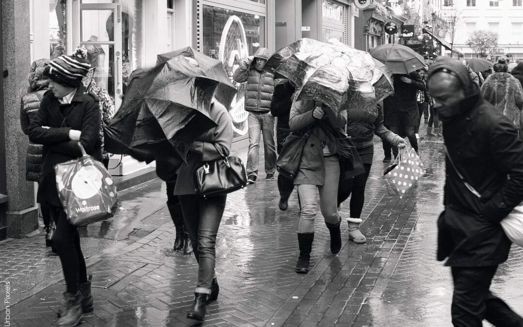Christmas shopping rush and rain