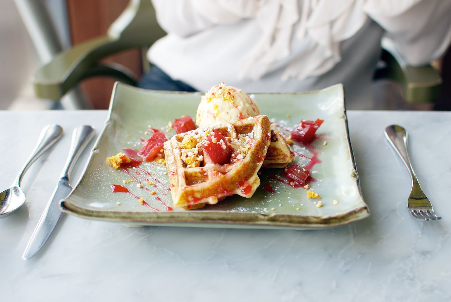 Belgian waffle with poached rhubarb at Duck & Waffle in London.