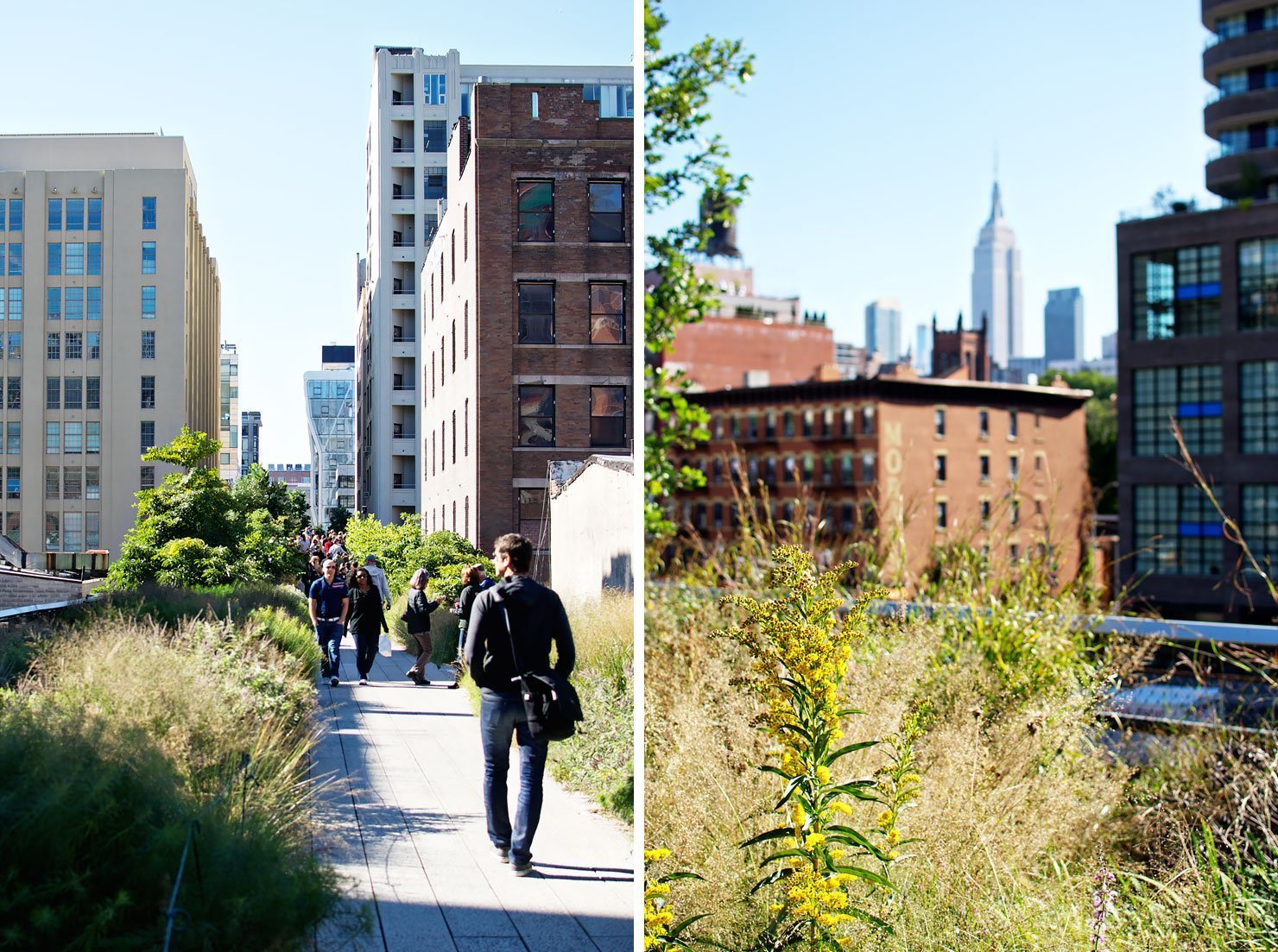 People walking on the High Line in New York and the Empire State Building. 