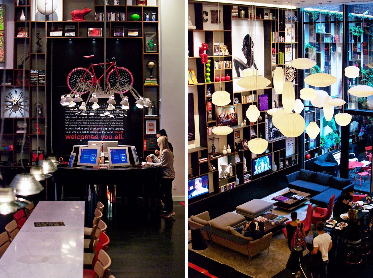 The living room and reception at citizenM New York Times Square hotel