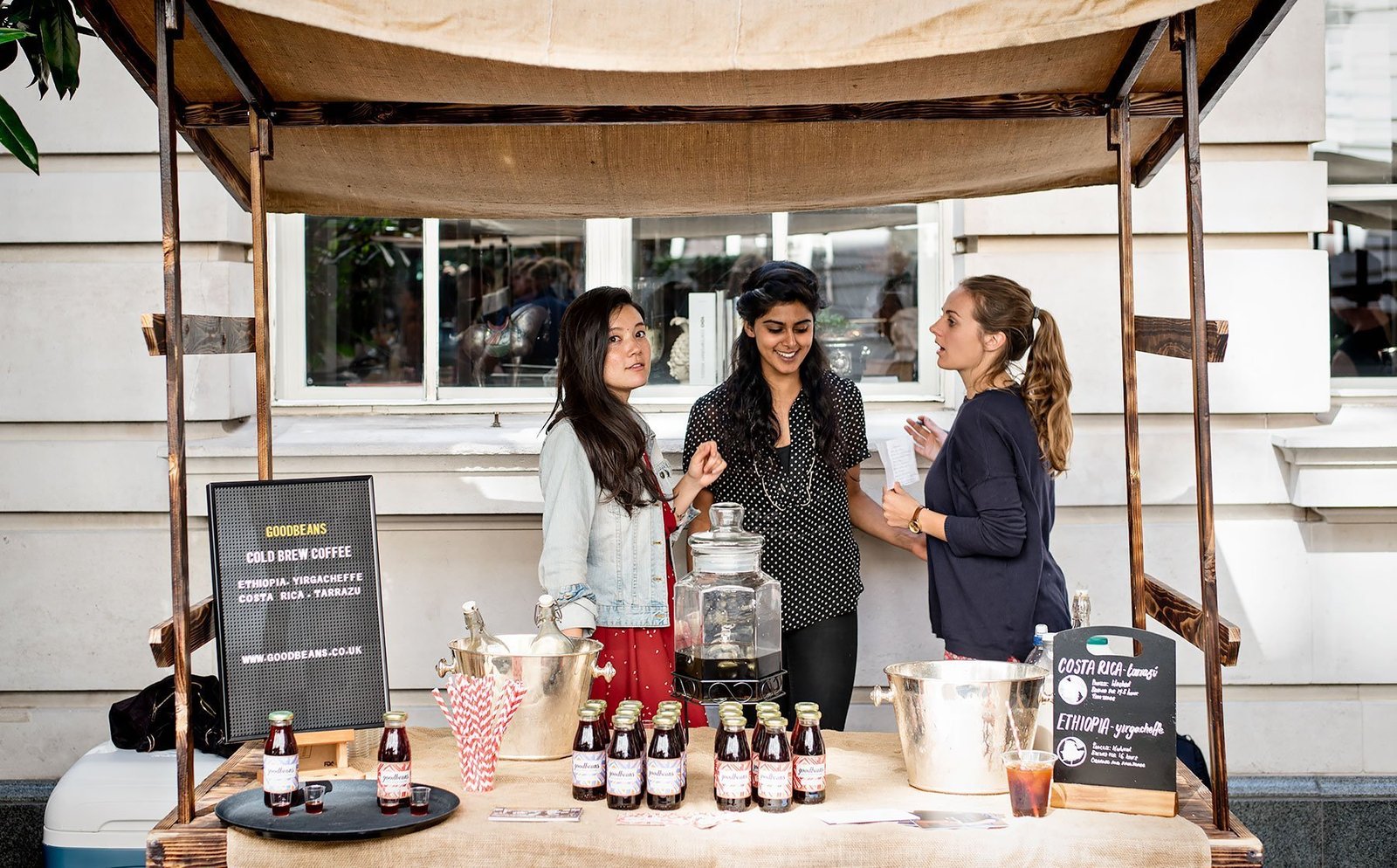 The Slow Food & Living Market in the inner courtyard of the Rosewood London hotel in Holborn. Selling Goodbeans Cold Brew Coffee.