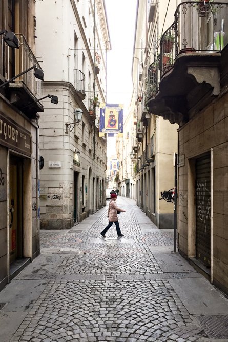 Narrow streets in the city centre of Turin.