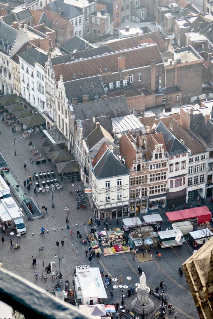Climb to the top of the St Rumbold's Tower (Sint-Romboutstoren). View of the Grote Markt in Mechelen. Read my blog post '11 Great Things to Do in Mechelen, Belgium' for more tips