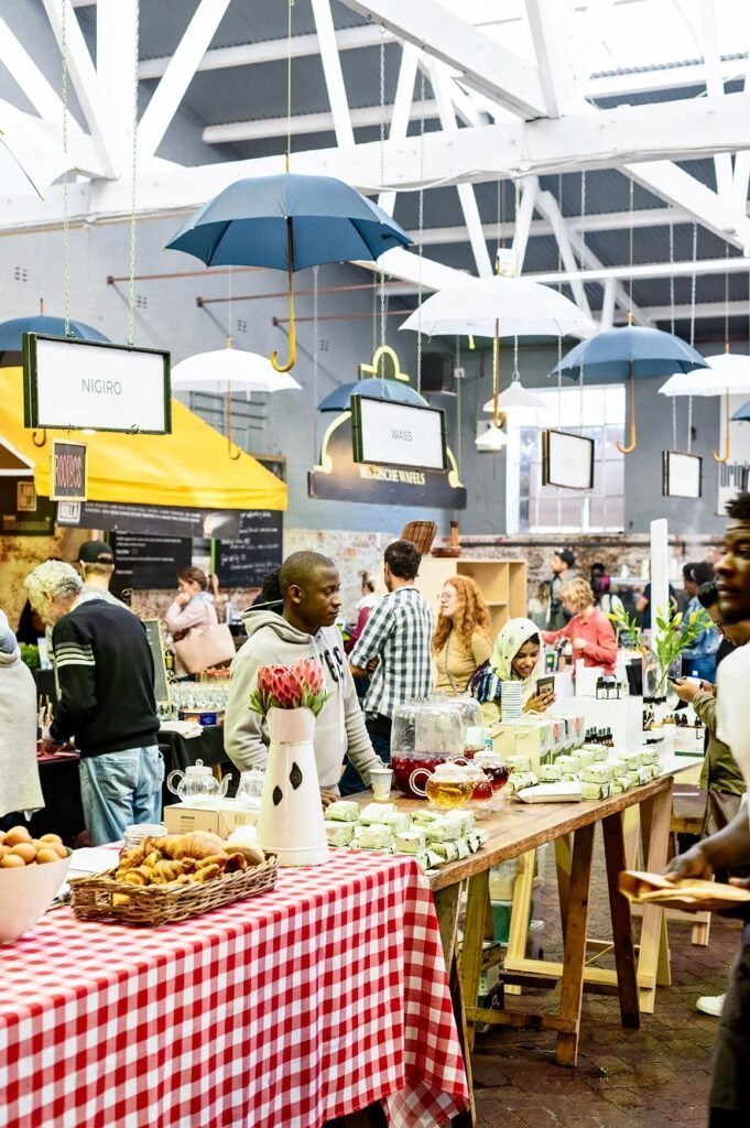 The vibrant Neighbourgoods Market, located at the Old Biscuit Mill (warehouse) in Woodstock.