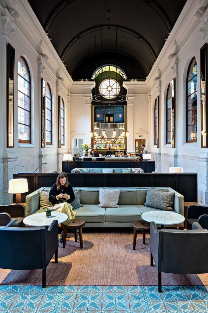 The bar and lobby of design hotel August in a former convent in Antwerp