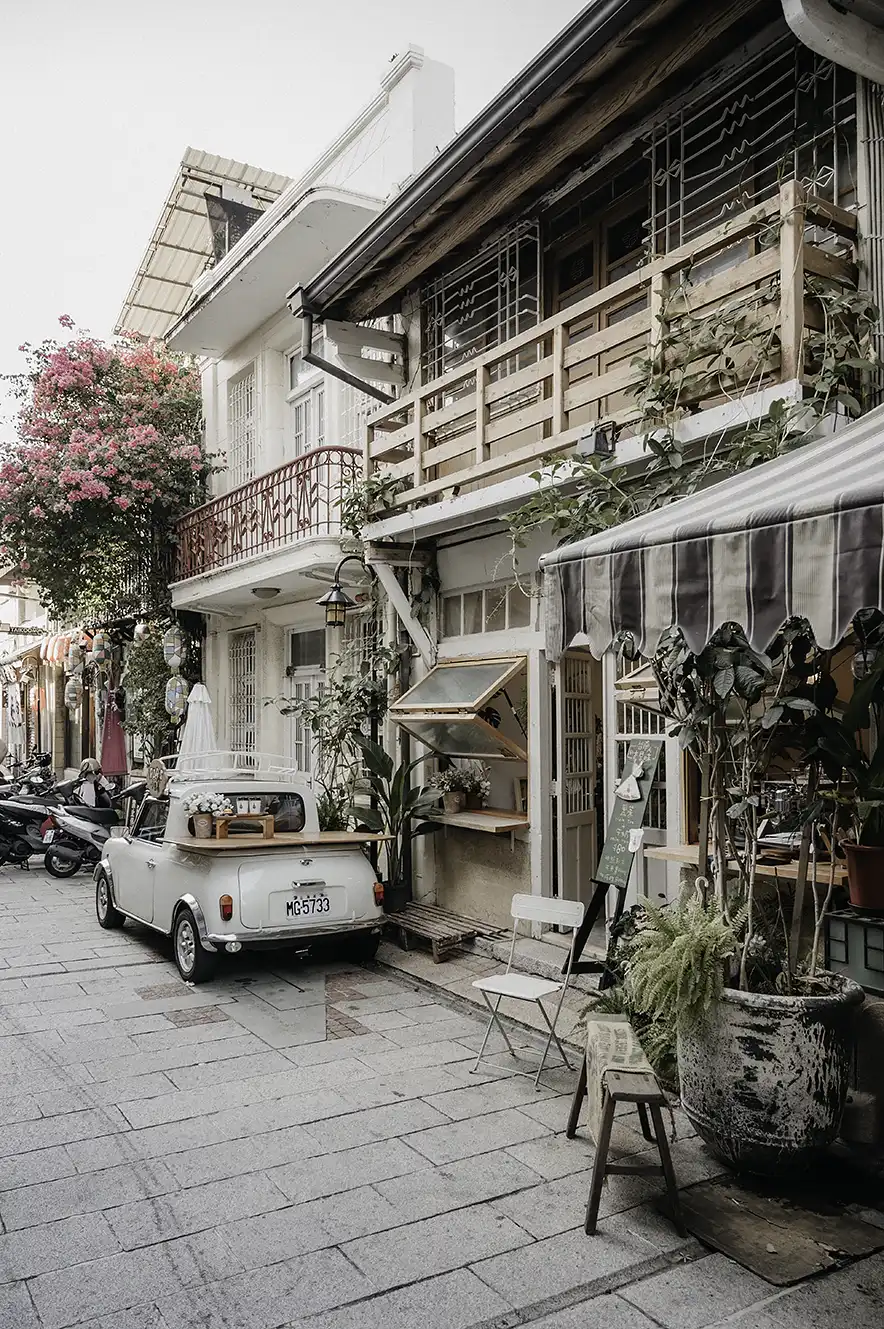 Shennong Street in Tainan with white vintage car