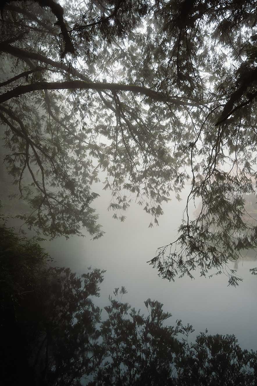 Reflectie van de bomen in het water bij Sisters' Pond in Alishan, Taiwan