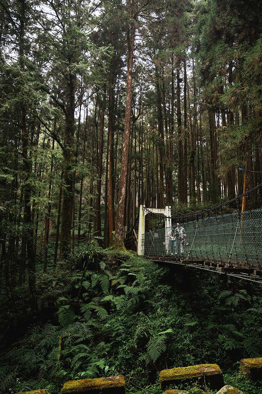 Mensen lopen over een brug in Alishan, Taiwan