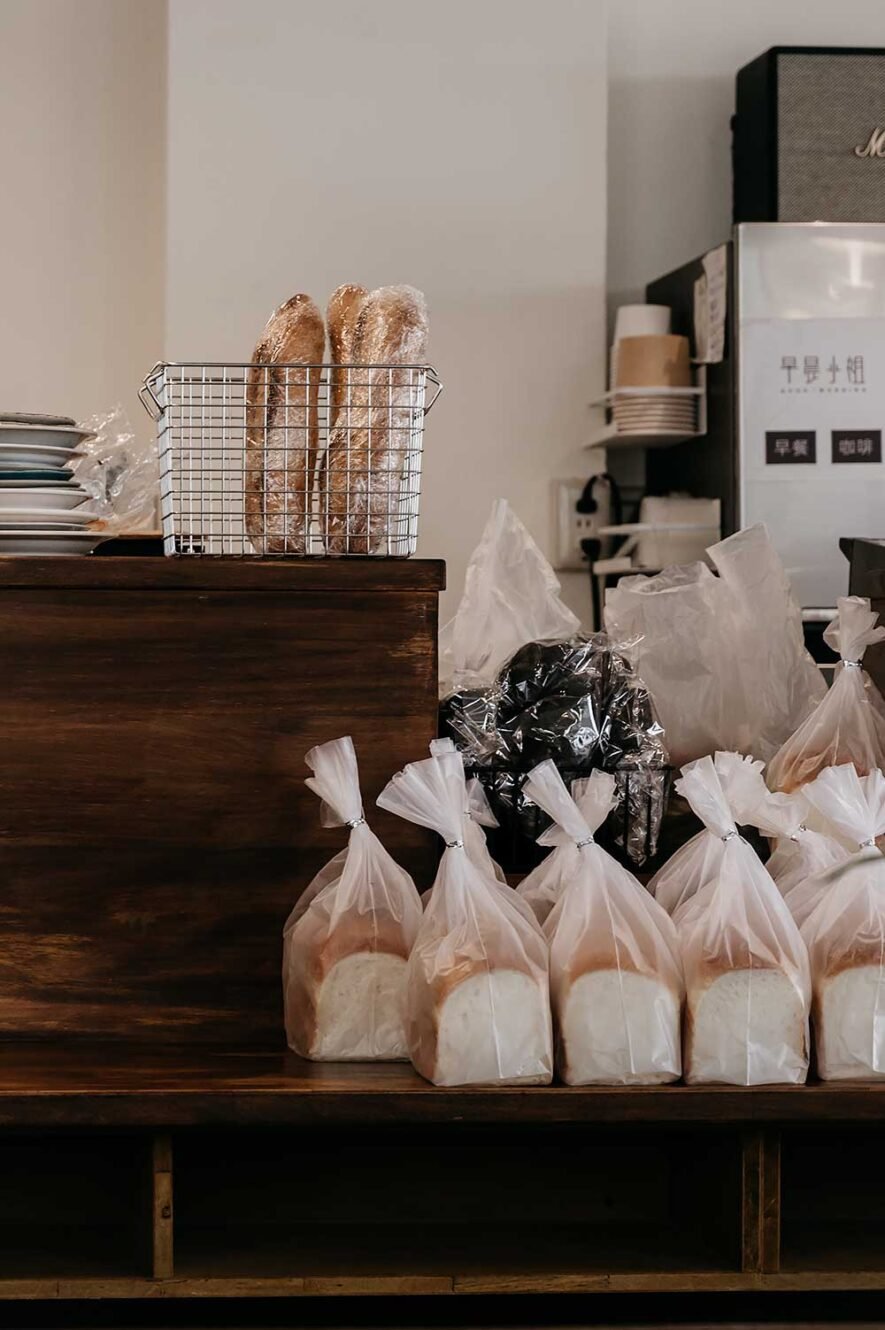 Freshly baked bread at the counter of restaurant Good Morning in Chiayi, Taiwan