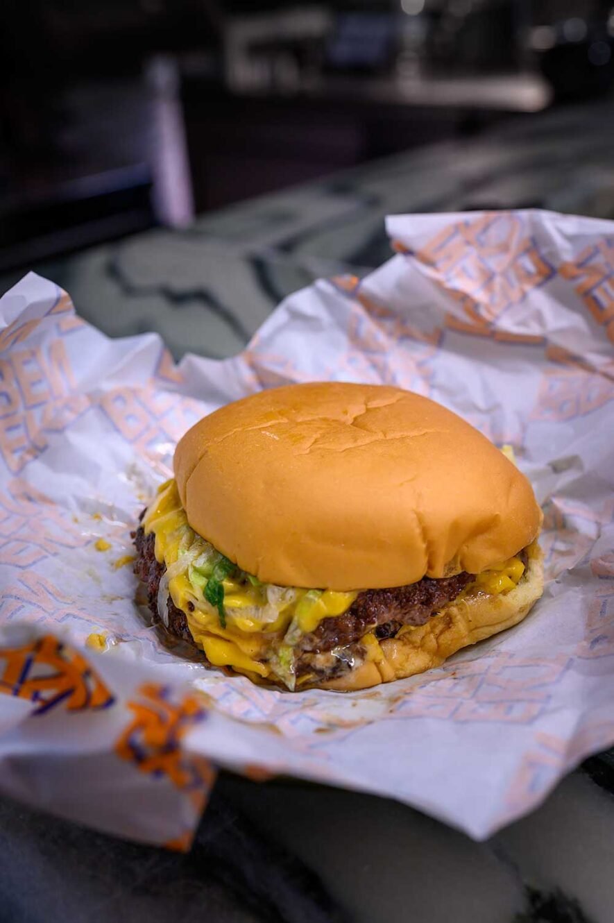 Signature dish smash burger at Ekiben Kitchen in Athens