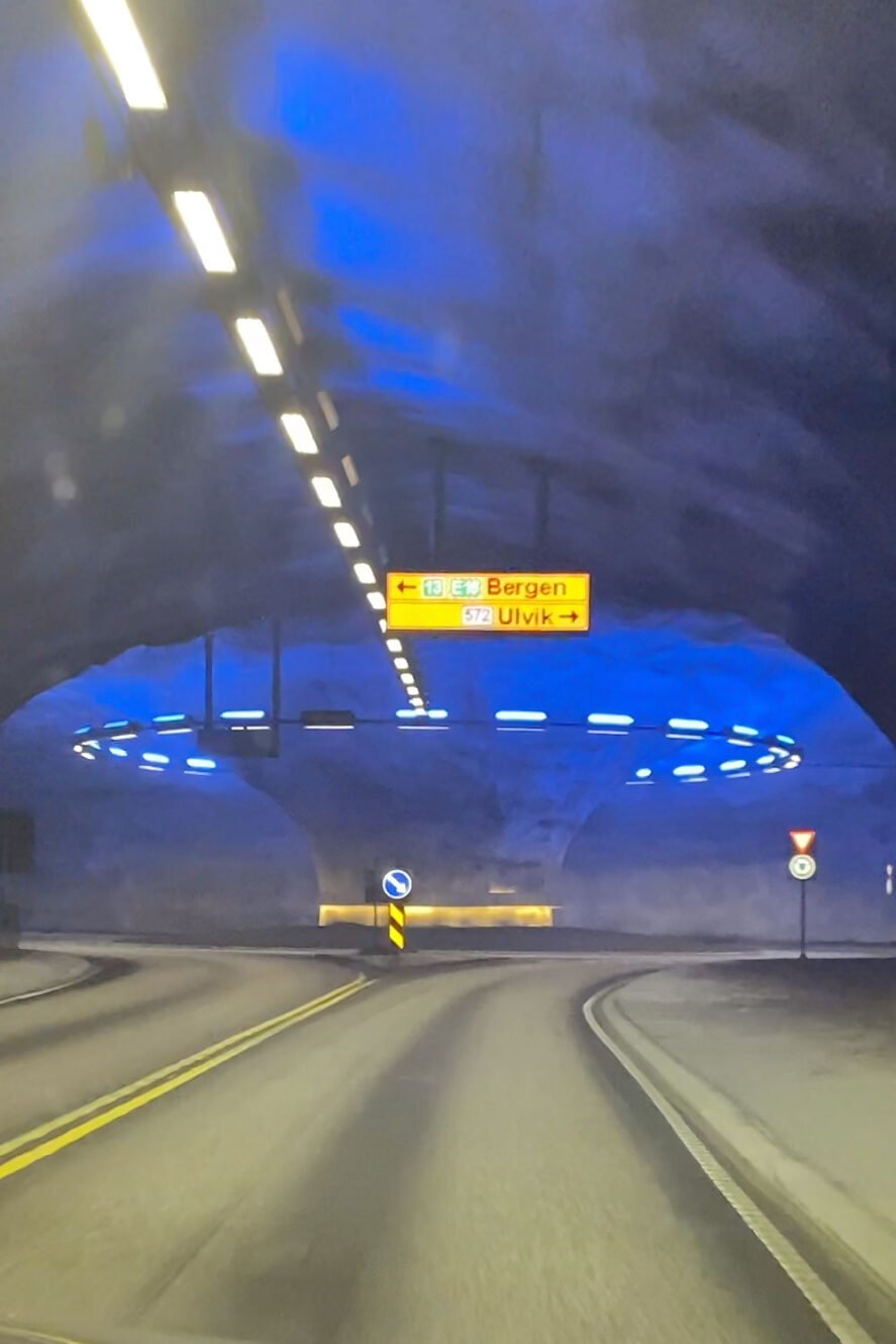 Tunnel with lights as if in a space ship after the Hardanger Bridge