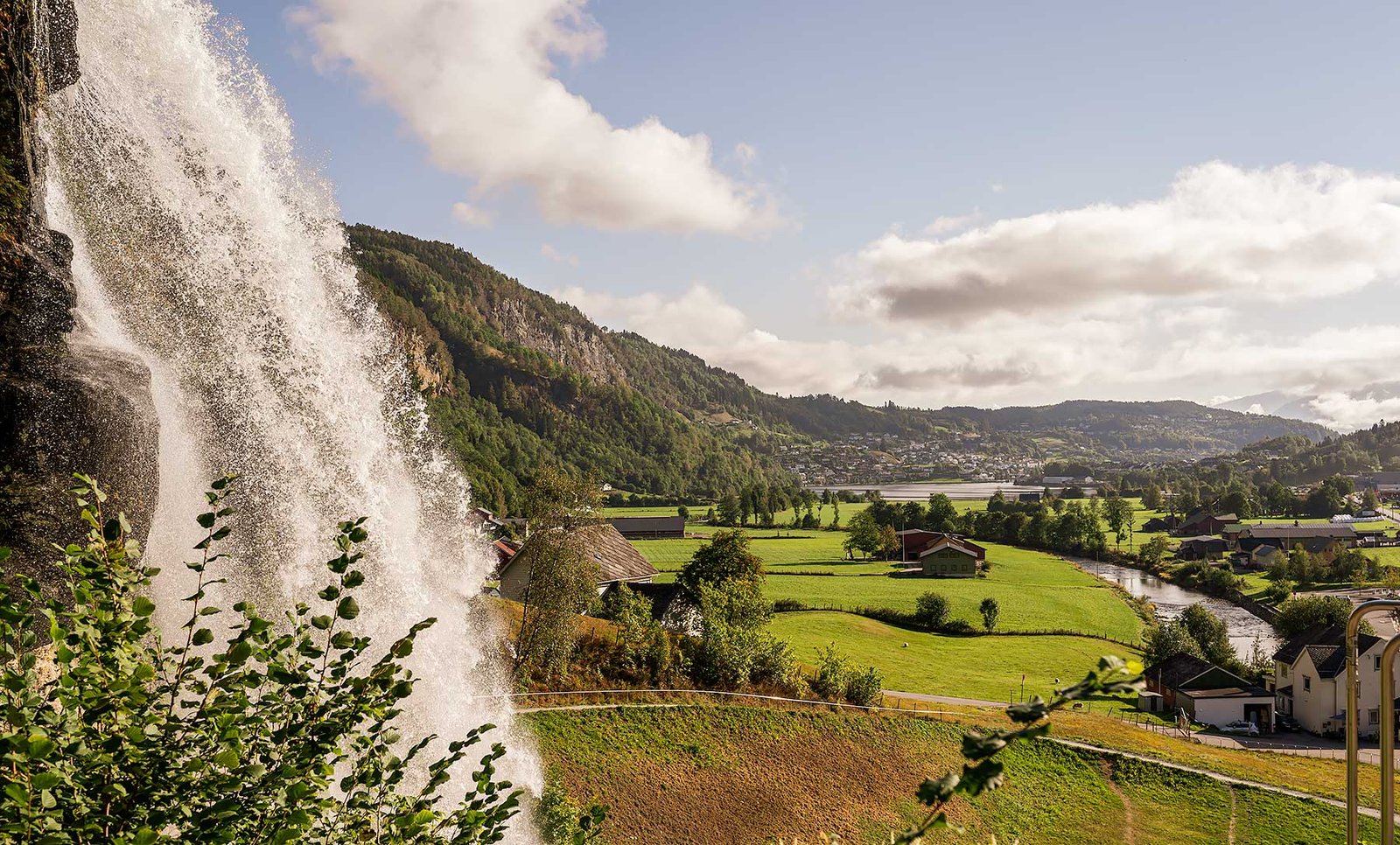 View of Norwegian landscape seen from the Steinsdalsfossen waterfall