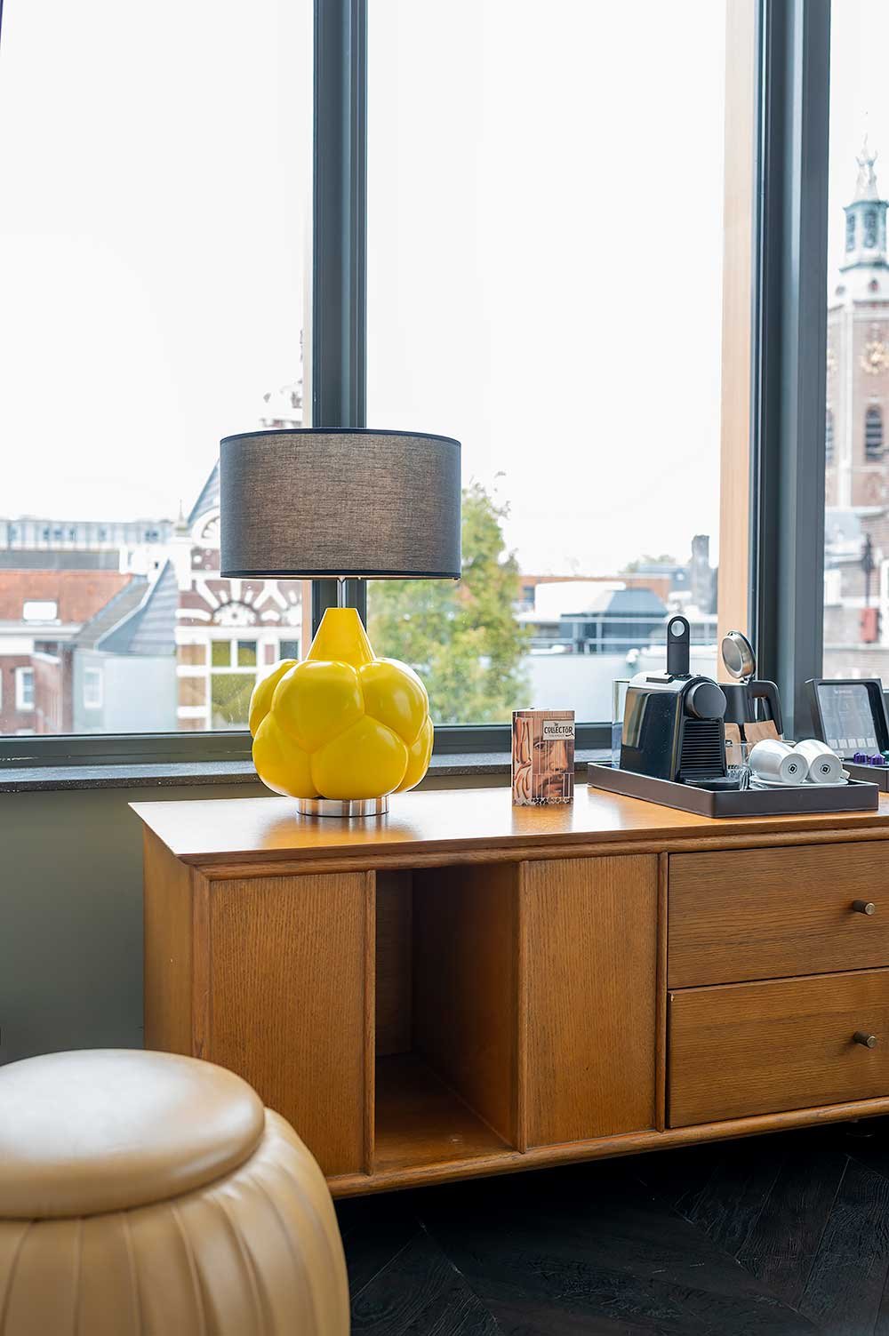 Sidetable with lamp and coffee machine at The Collector hotel