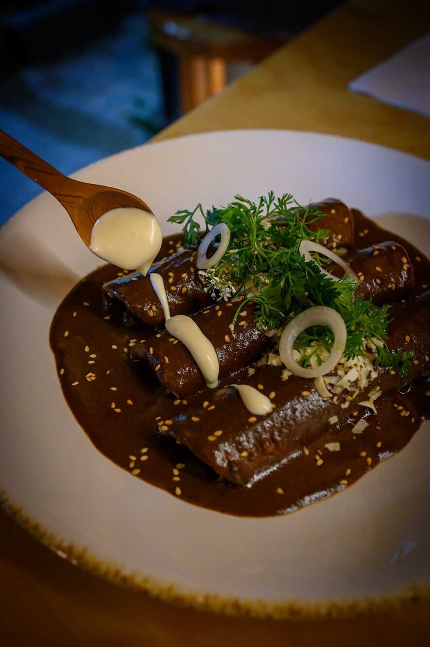 Enmolades met mole saus bij bib gourmand restaurant Comal Oculto in Mexico City