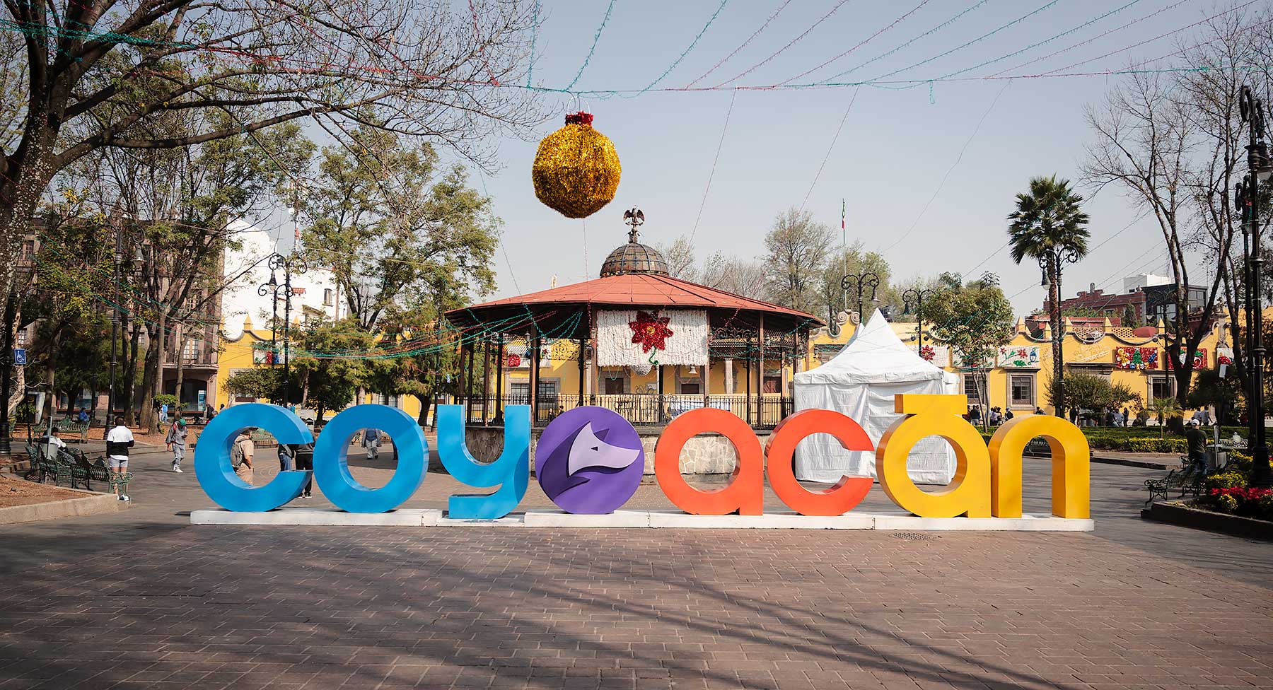 Colourful sign of Coyoacan at the central square, in Mexico City
