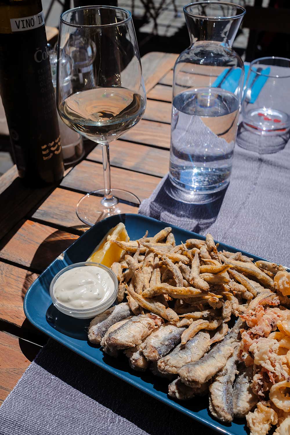 Lunch at Vino & Ribe in Ljubljana, Slovenia - fish and wine