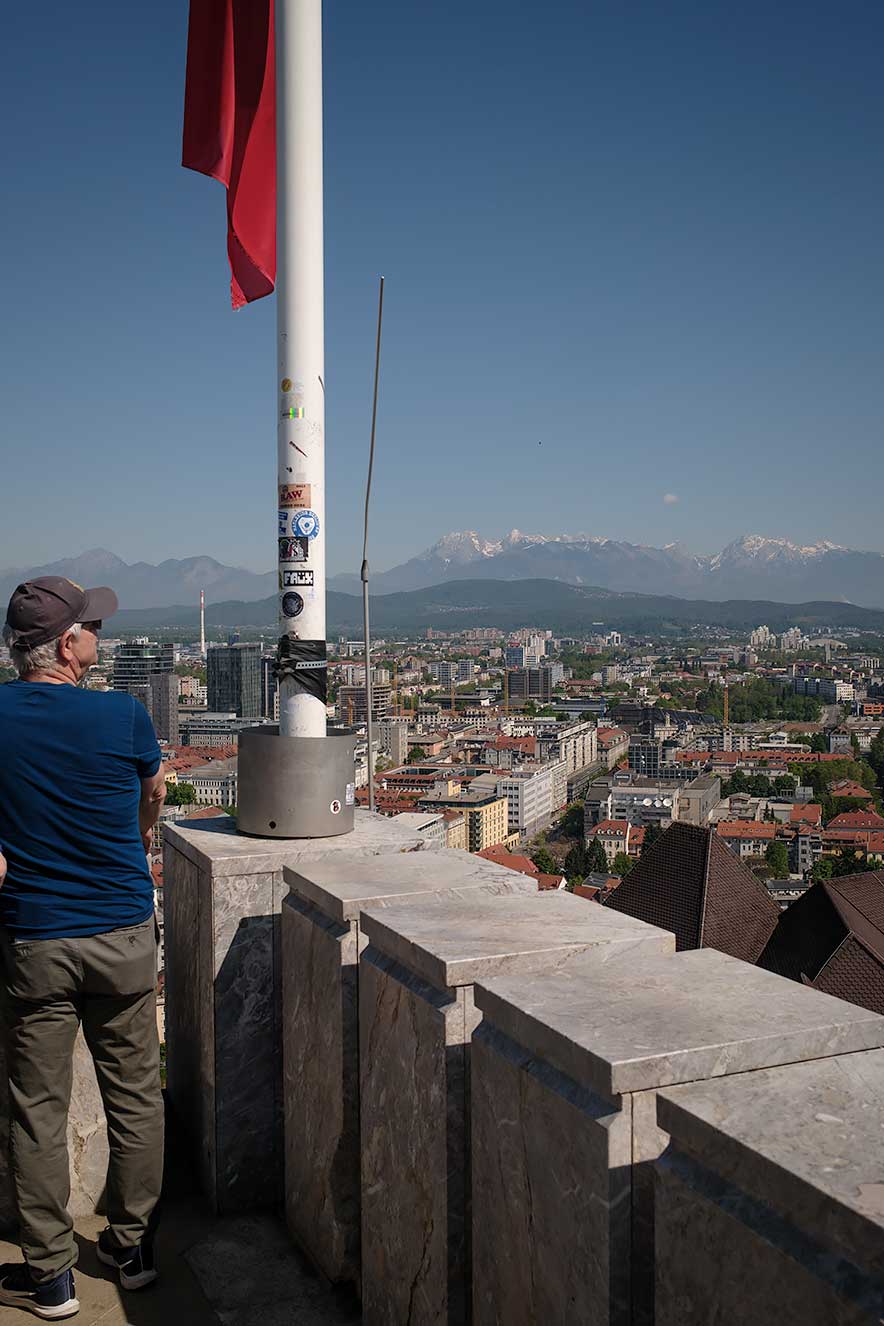 Tower of Ljubljana Castle with a view of the city.