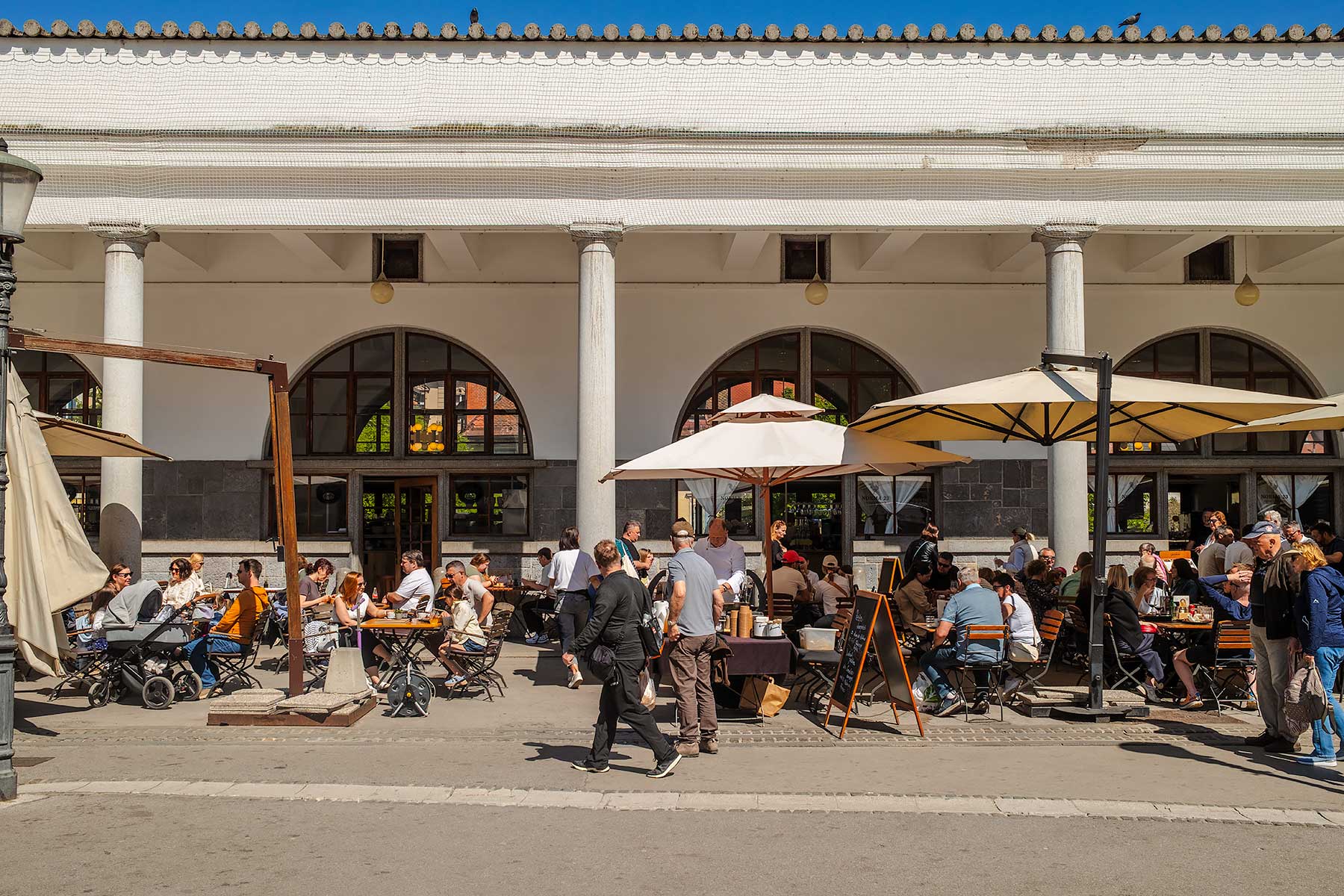 Terrace in front of Plecnik Arcades next to the Central Market in Ljubljana