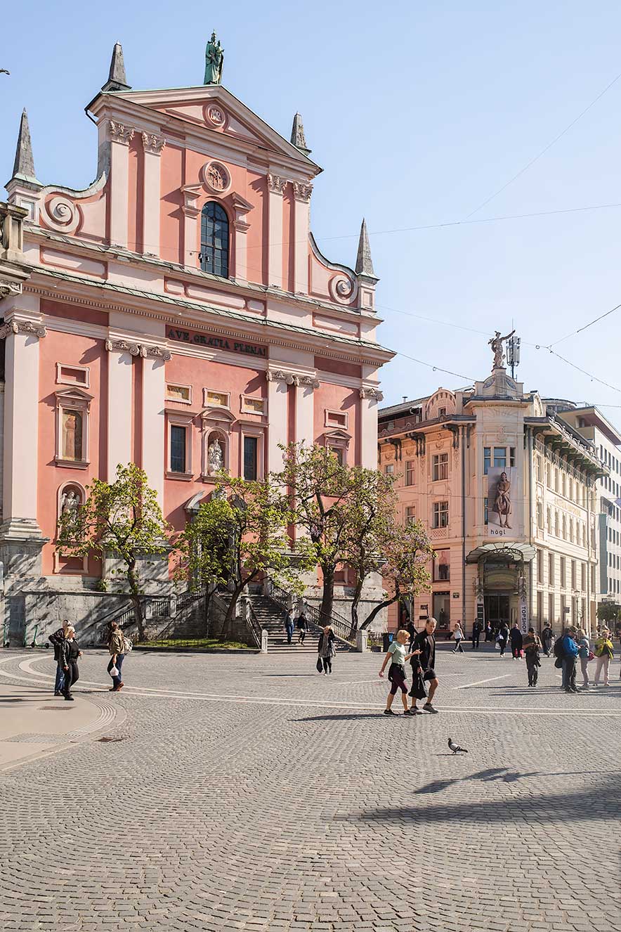 Pink Franciscan Church on Preseren Square in Ljubljana 