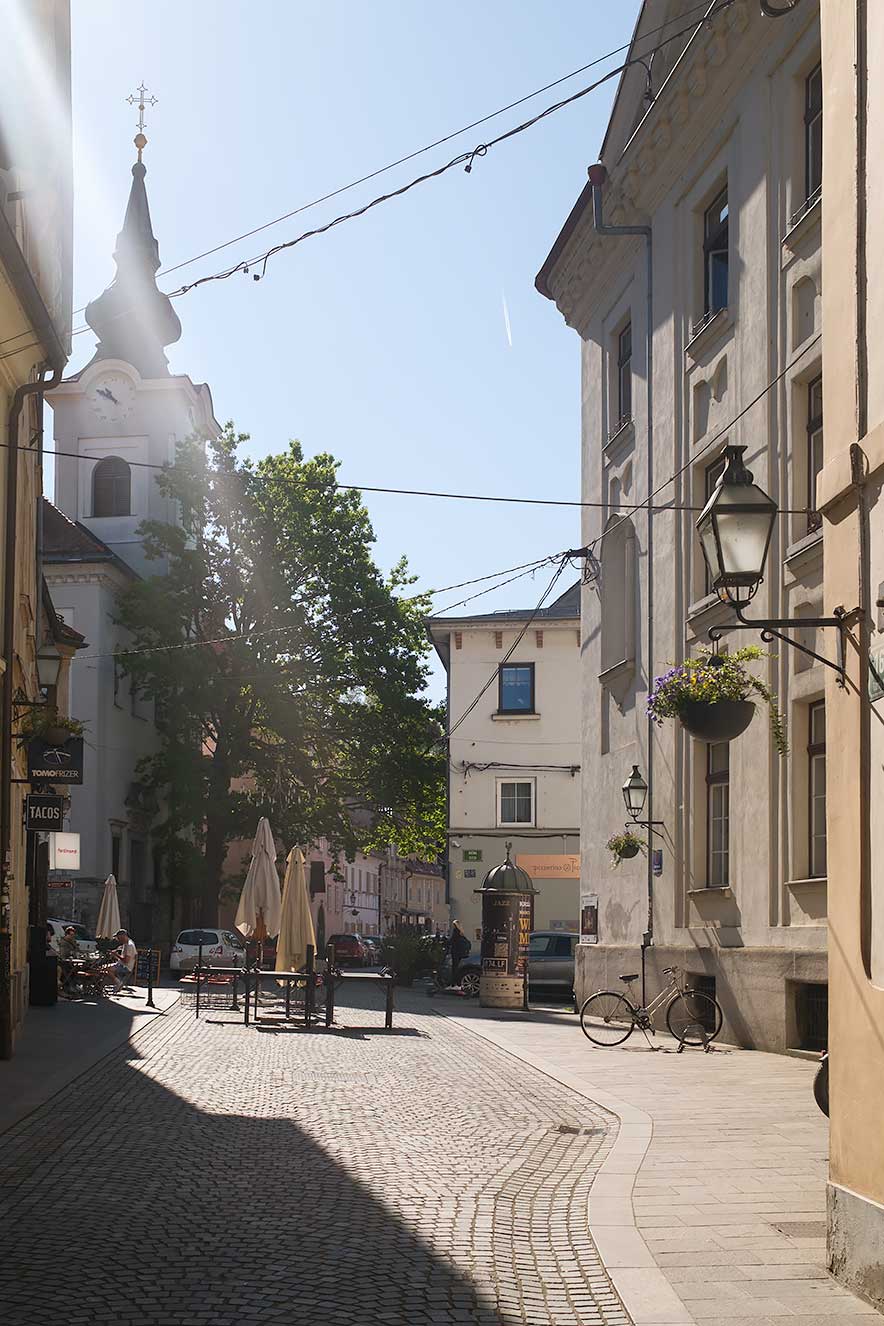 Morning sunlight in street of Ljubljana
