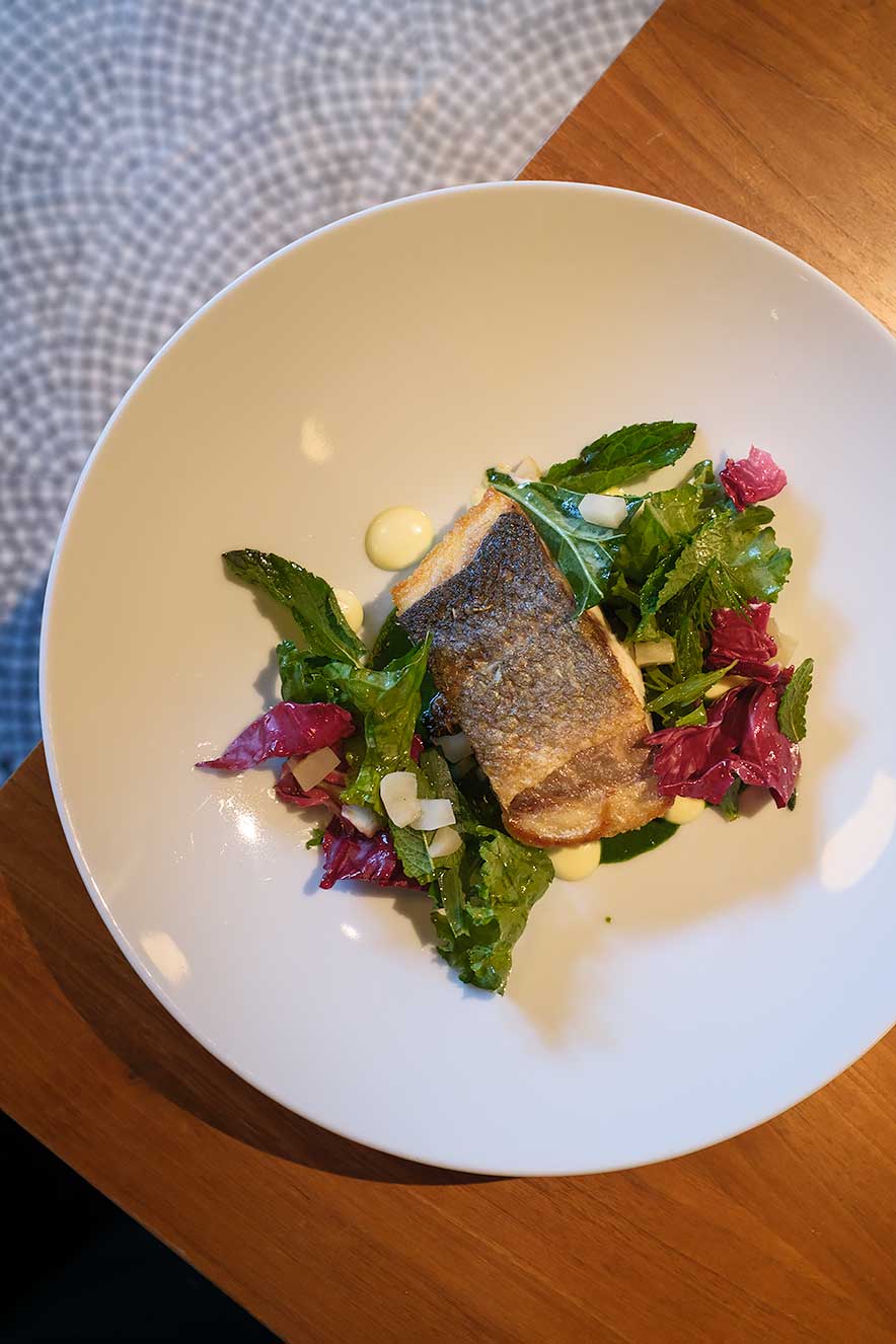 Sea bass with miso, main course at restaurant JAZ by Ana Ros in Ljubljana