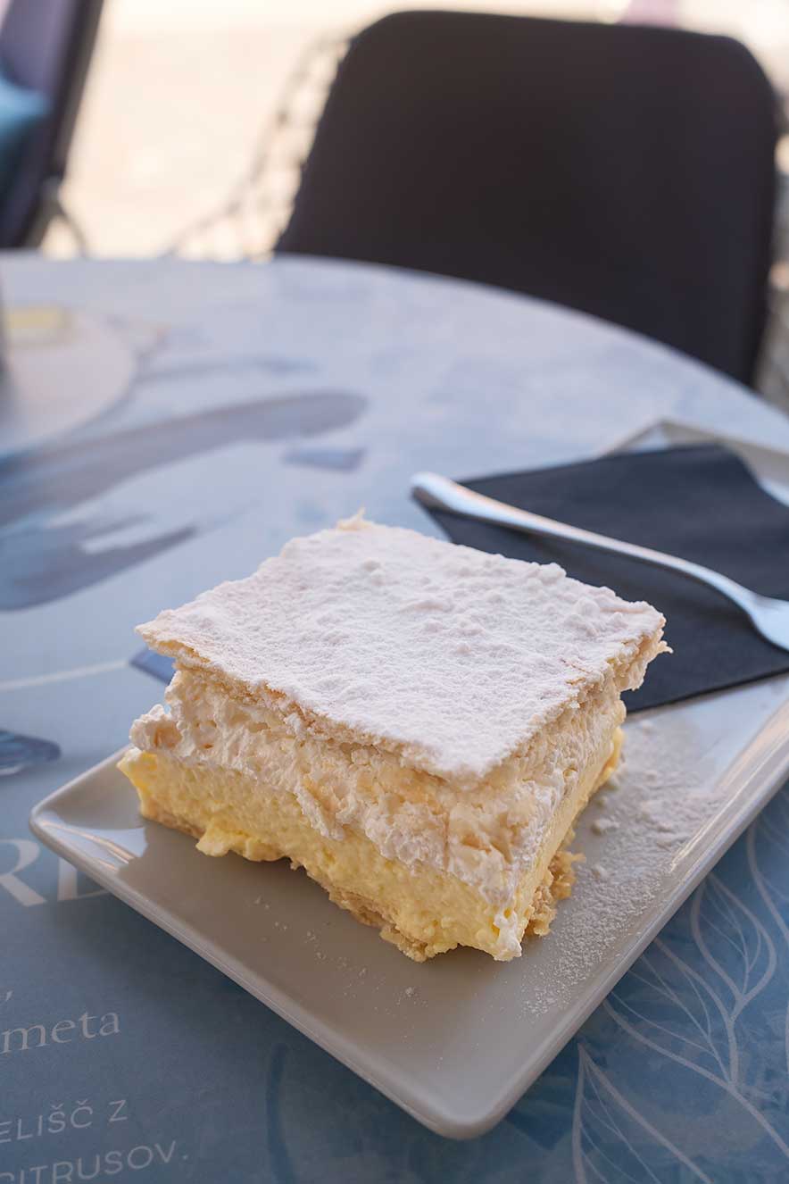 Kremšnita, a cream cake made with layers of puff pastry and custard, is something to eat in Ljubljana at cafe Lolita